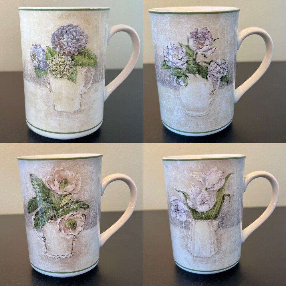 American Atelier FLORAL BOUQUET White Purple Porcelain Coffee Mugs Set of 4 Cups